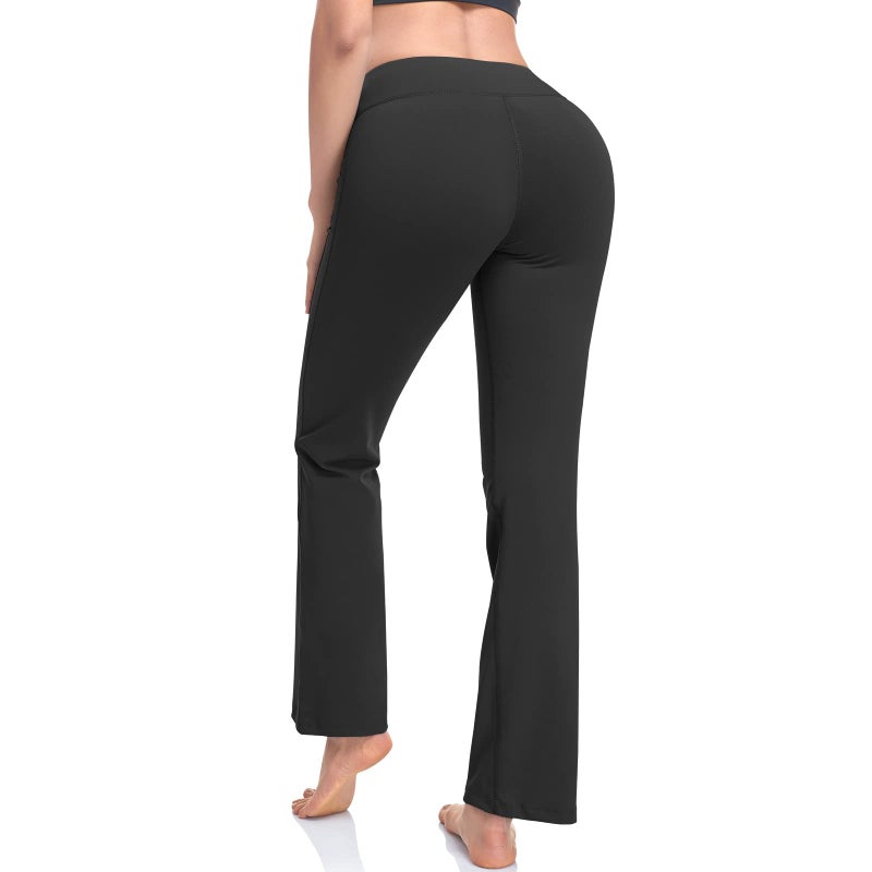 HISKYWIN Inner Pocket Yoga Pants 4 Way Stretch Tummy Control Workout Running Pants, Long Bootleg Flare Pants HF2-Black-M - Image 3